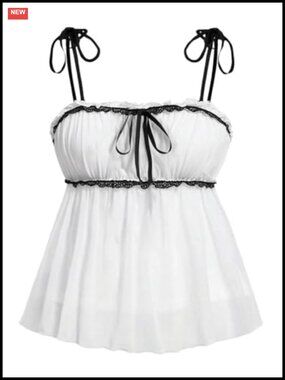Plus Size Lace Babydoll Top Tie Shoulder Peplum Bustier Cami Sleeveless